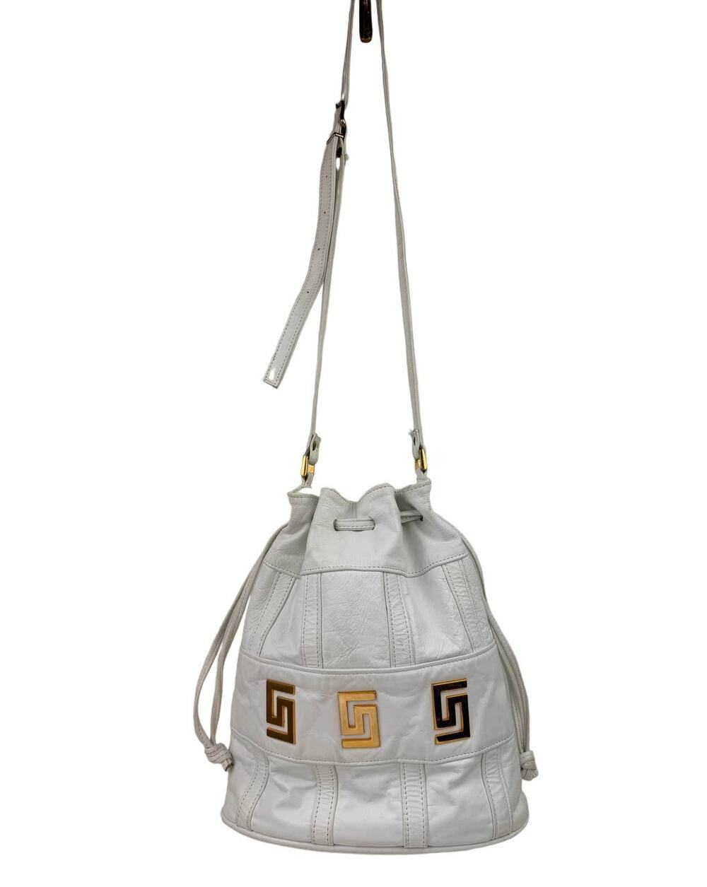Vintage SAMIR USA Womens White Gold Leather Drawstring Bucket Shoulder Bag